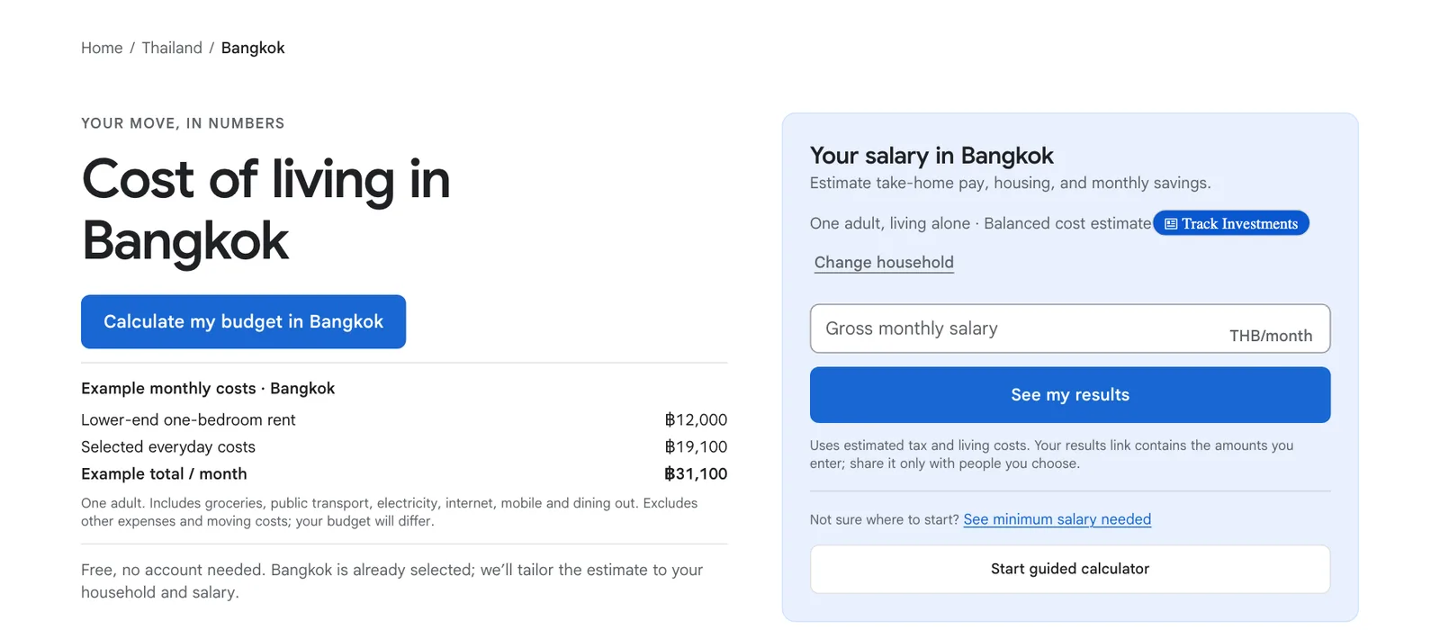 Example monthly costs block for Bangkok showing lower-end one-bedroom rent, everyday costs and an example total