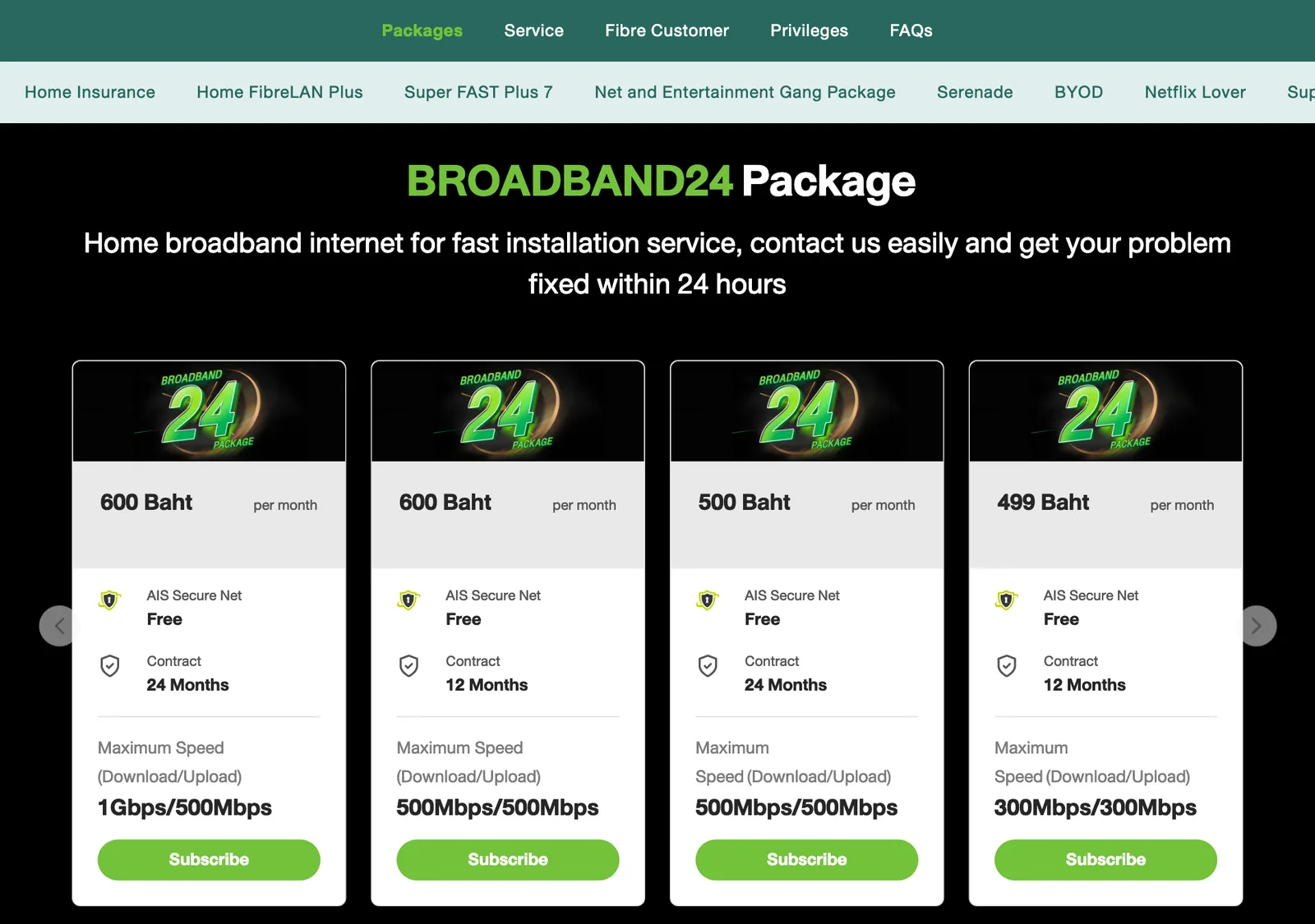 AIS BROADBAND24 package cards showing monthly prices, contract length and speeds