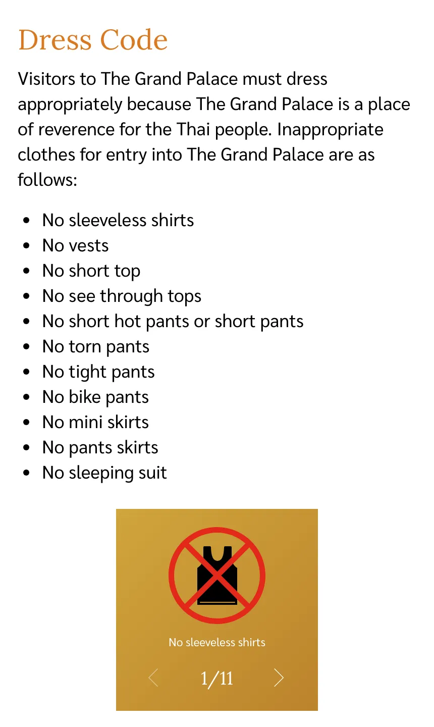Grand Palace page headed Dress Code with a bulleted list of eleven clothing items.