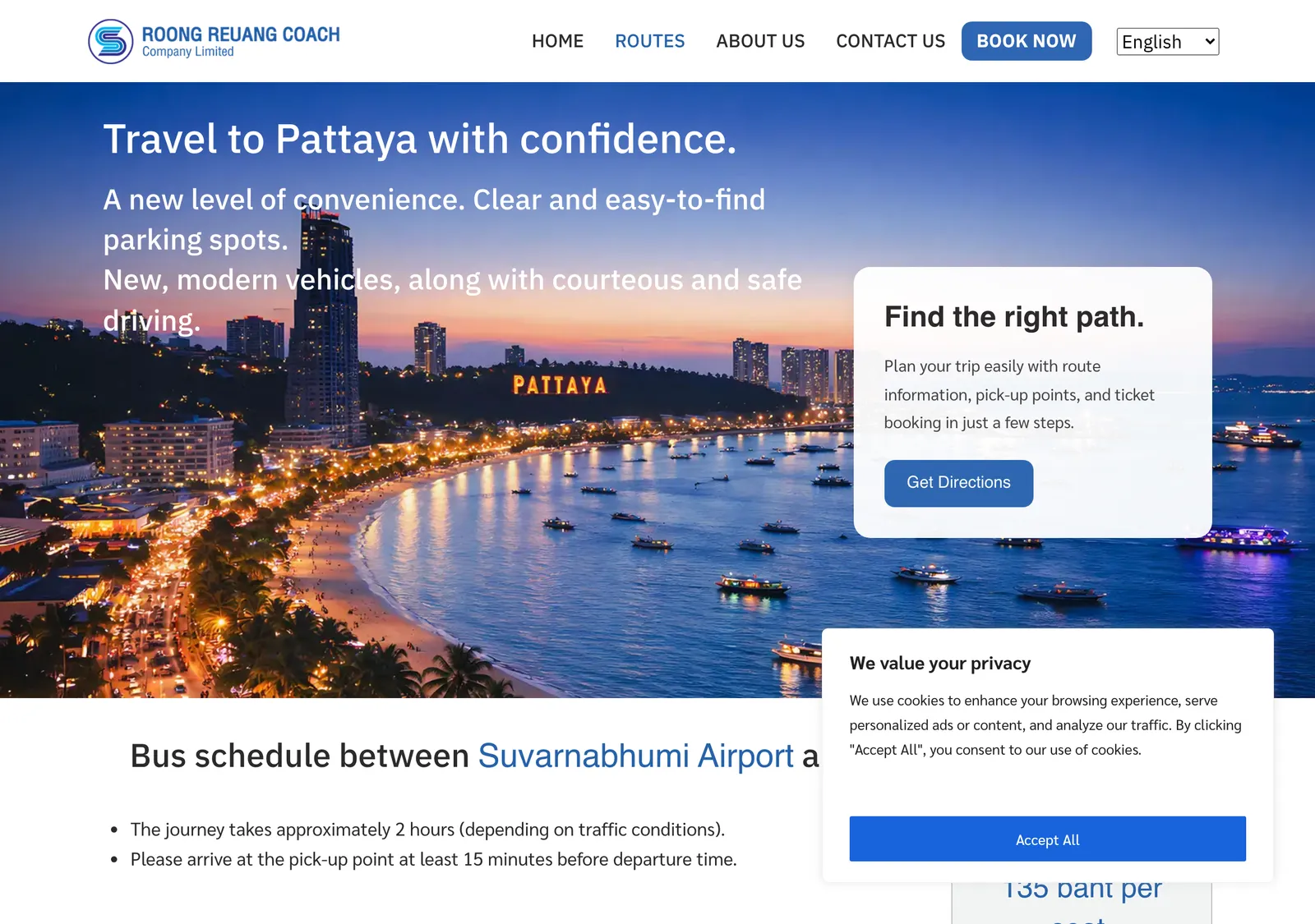 Airport Pattaya Bus page with a Pattaya skyline banner and a bus schedule box for the Suvarnabhumi to Pattaya service