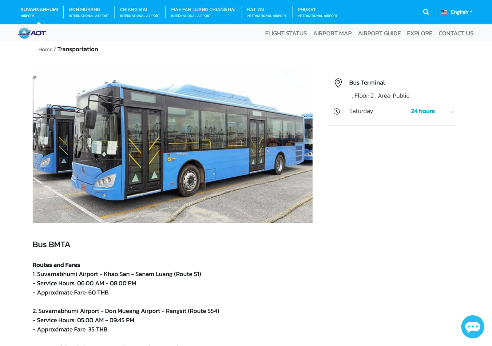 Airports of Thailand bus page for Suvarnabhumi with a photo of a blue city bus and the route list with service hours and approximate fares