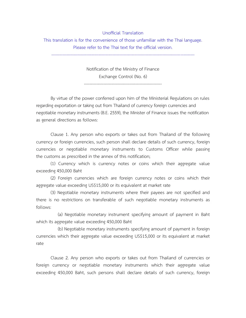 First page of the Bank of Thailand English translation of Ministry of Finance Notification, Exchange Control, No. 6, with the declaration clauses.