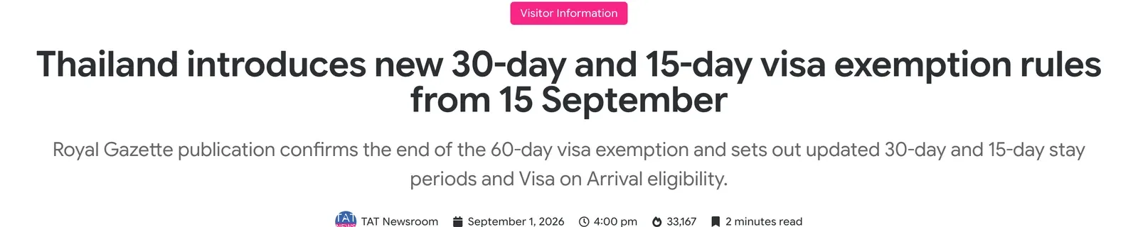 Headline of a Tourism Authority of Thailand news page about the new visa exemption rules and the visa on arrival eligibility.